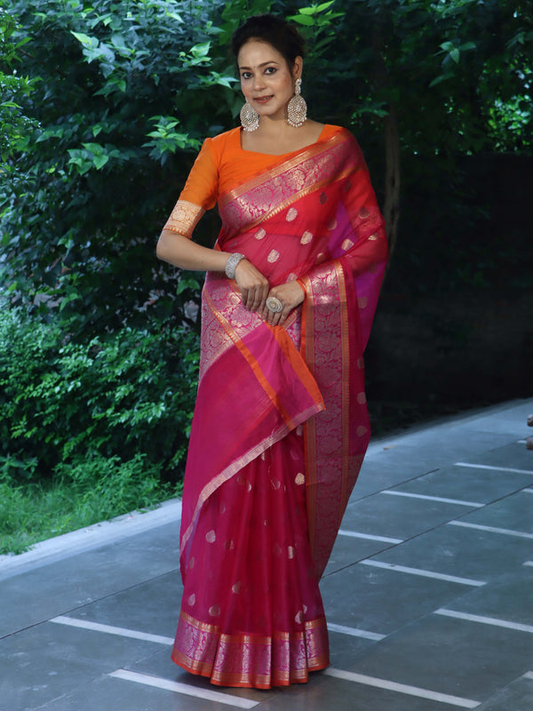 Banarasee Organza Mix Saree With Zari Buta Design & Contrast Border-Pink
