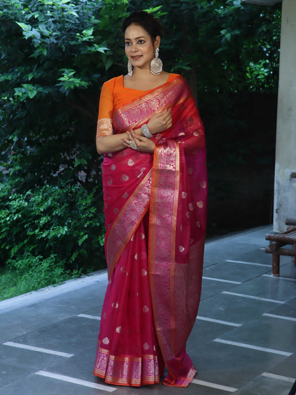 Banarasee Organza Mix Saree With Zari Buta Design & Contrast Border-Pink