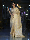 Banarasee Handloom Dual Tone Shimmer Silk Saree With Buti Design & Temple Border-Beige (Gold Tone)