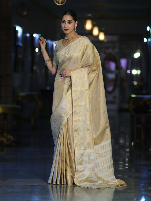 Banarasee Handloom Dual Tone Shimmer Silk Saree With Buti Design & Temple Border-Beige (Gold Tone)