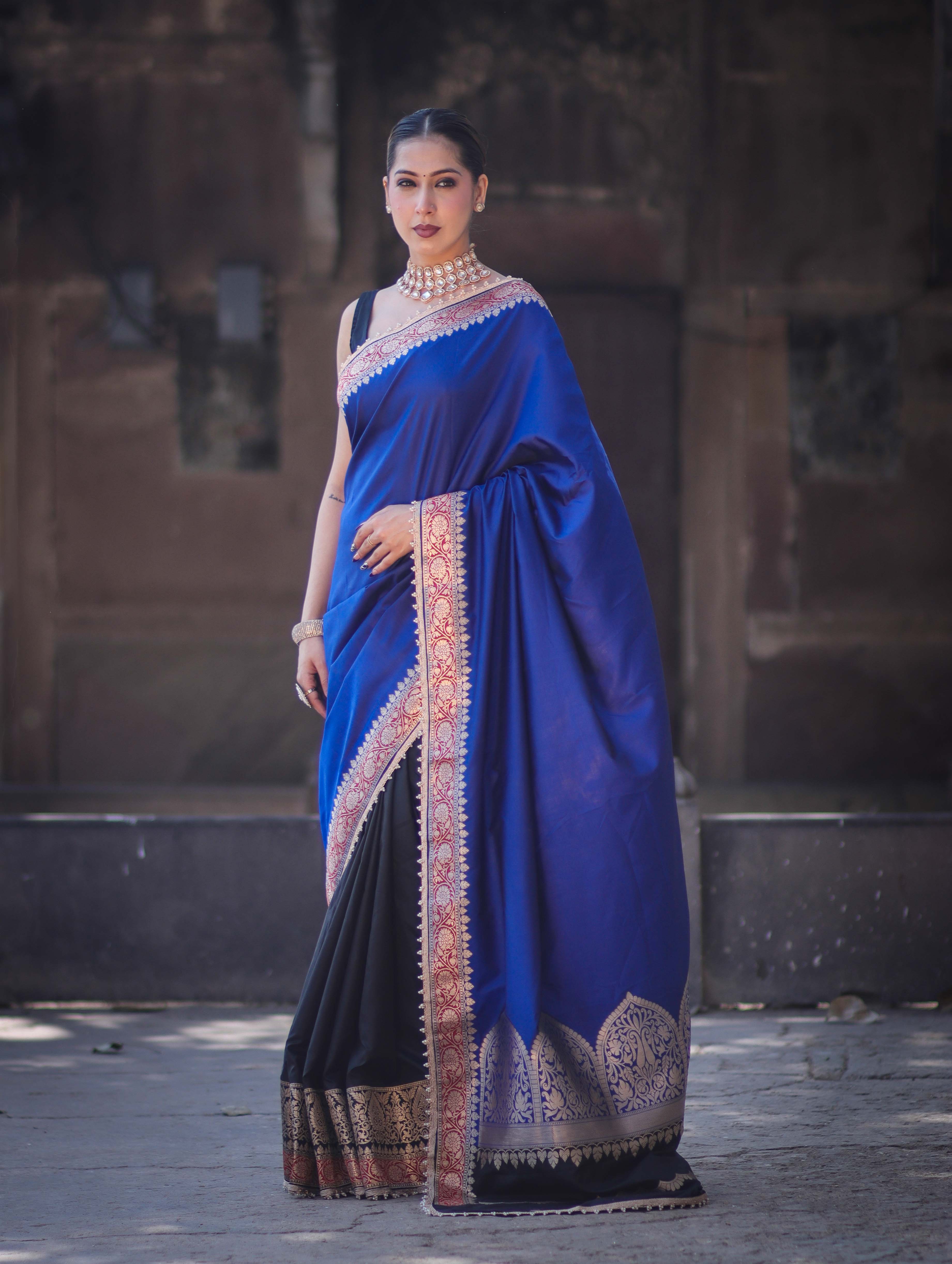 Banarasee Handloom Semi Katan Saree With Contrast Border & Lace-Blue & Black