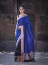 Banarasee Handloom Semi Katan Saree With Contrast Border & Lace-Blue & Black