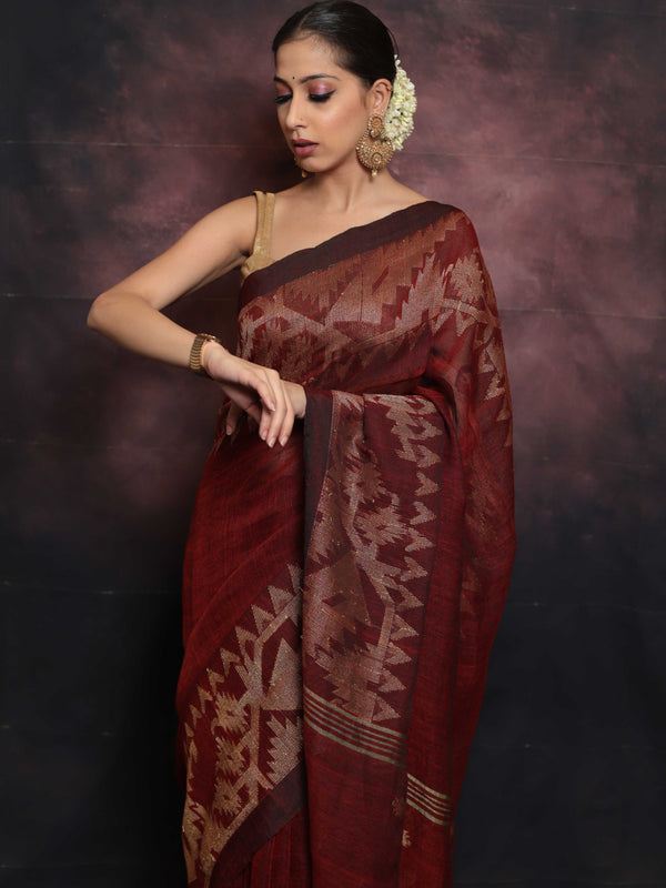 Handwoven Pure Linen Saree With Jamdani Weaving-Maroon