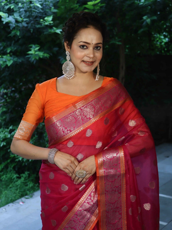 Banarasee Organza Mix Saree With Zari Buta Design & Contrast Border-Pink