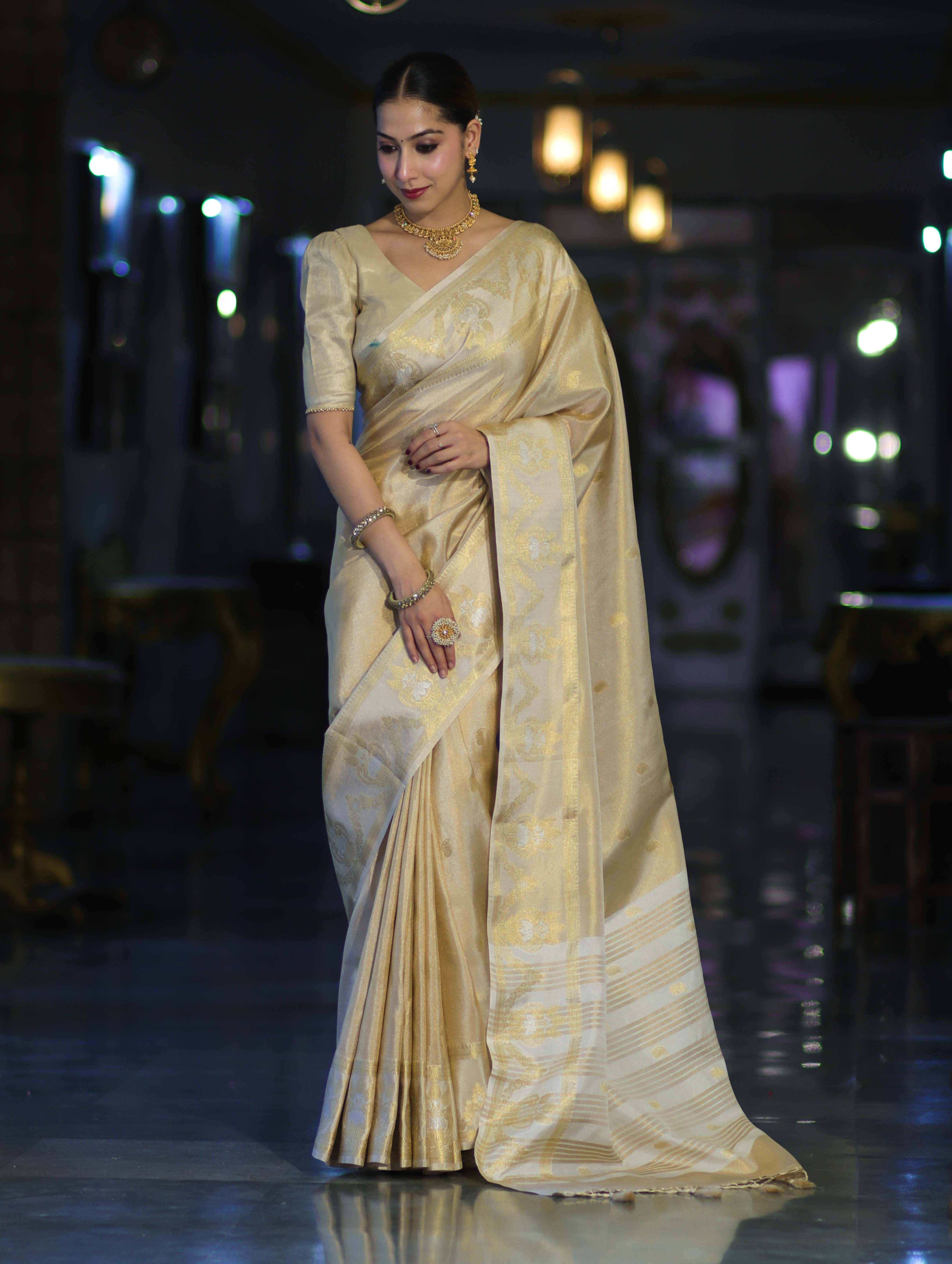 Banarasee Handloom Dual Tone Shimmer Silk Saree With Buti Design & Temple Border-Beige (Gold Tone)