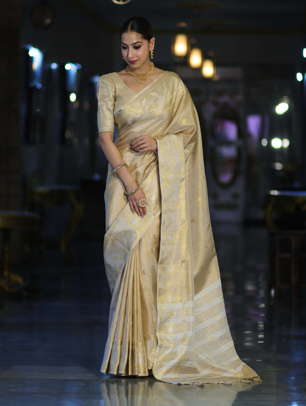 Banarasee Handloom Dual Tone Shimmer Silk Saree With Buti Design & Temple Border-Beige (Gold Tone)