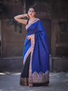 Banarasee Handloom Semi Katan Saree With Contrast Border & Lace-Blue & Black