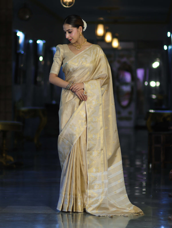 Banarasee Handloom Dual Tone Shimmer Silk Saree With Buti Design & Temple Border-Beige (Gold Tone)