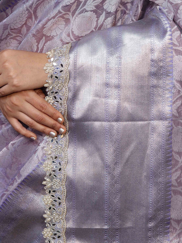 Banarasee Handwoven Tissue Saree With Zari Woven Design Contrast Border & Lace-Lavender & Light Blue