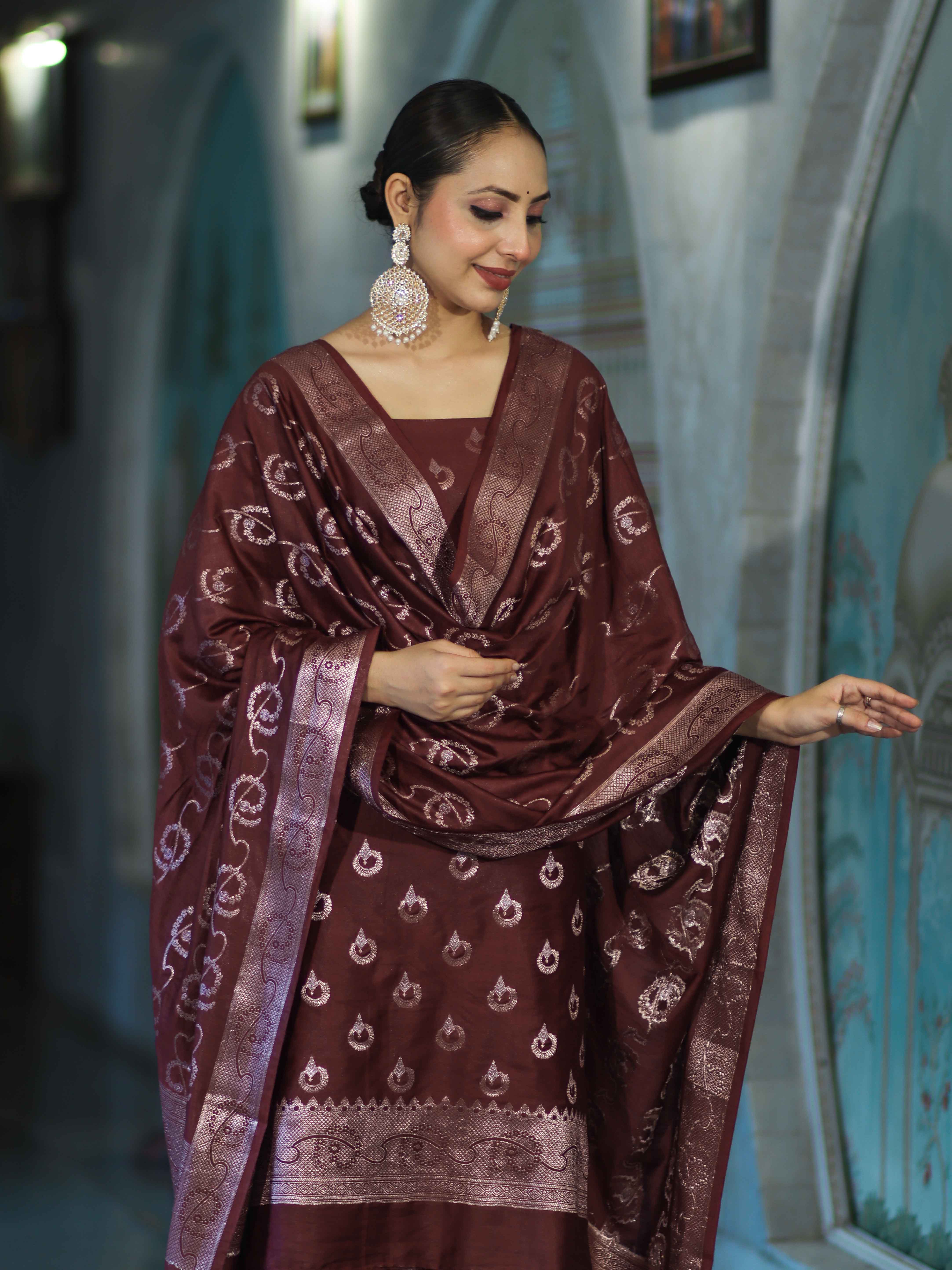 Banarasee Zari Embroidered Chanderi Silk Salwar Kameez With Dupatta Set-Wine