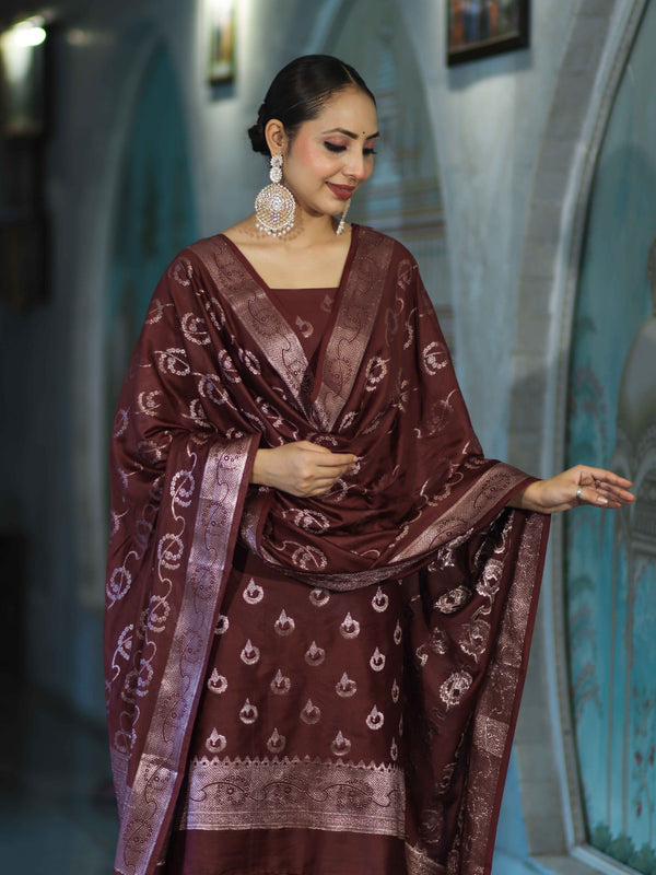 Banarasee Zari Embroidered Chanderi Silk Salwar Kameez With Dupatta Set-Wine