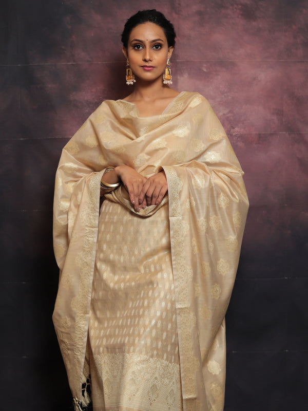 Banarasee Salwar Kameez Cotton Silk Resham & Zari Buti Woven Fabric With Dupatta-Beige