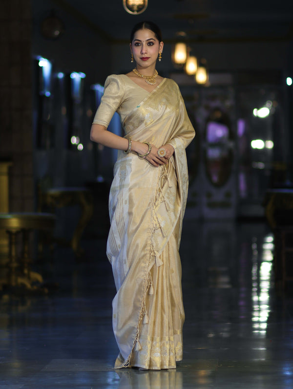 Banarasee Handloom Dual Tone Shimmer Silk Saree With Buti Design & Temple Border-Beige (Gold Tone)