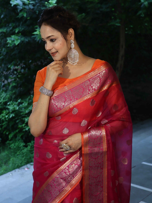 Banarasee Organza Mix Saree With Zari Buta Design & Contrast Border-Pink