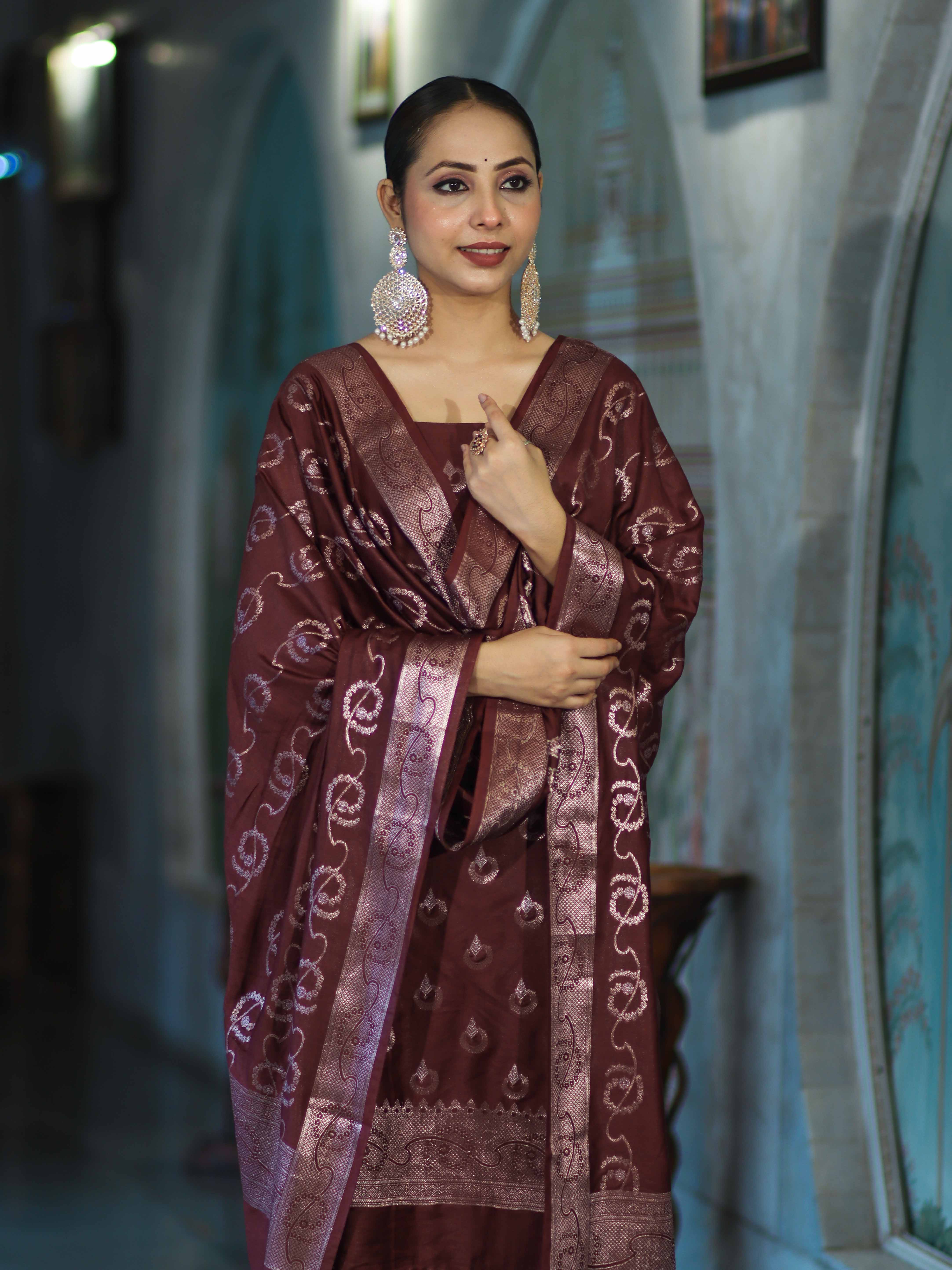 Banarasee Zari Embroidered Chanderi Silk Salwar Kameez With Dupatta Set-Wine