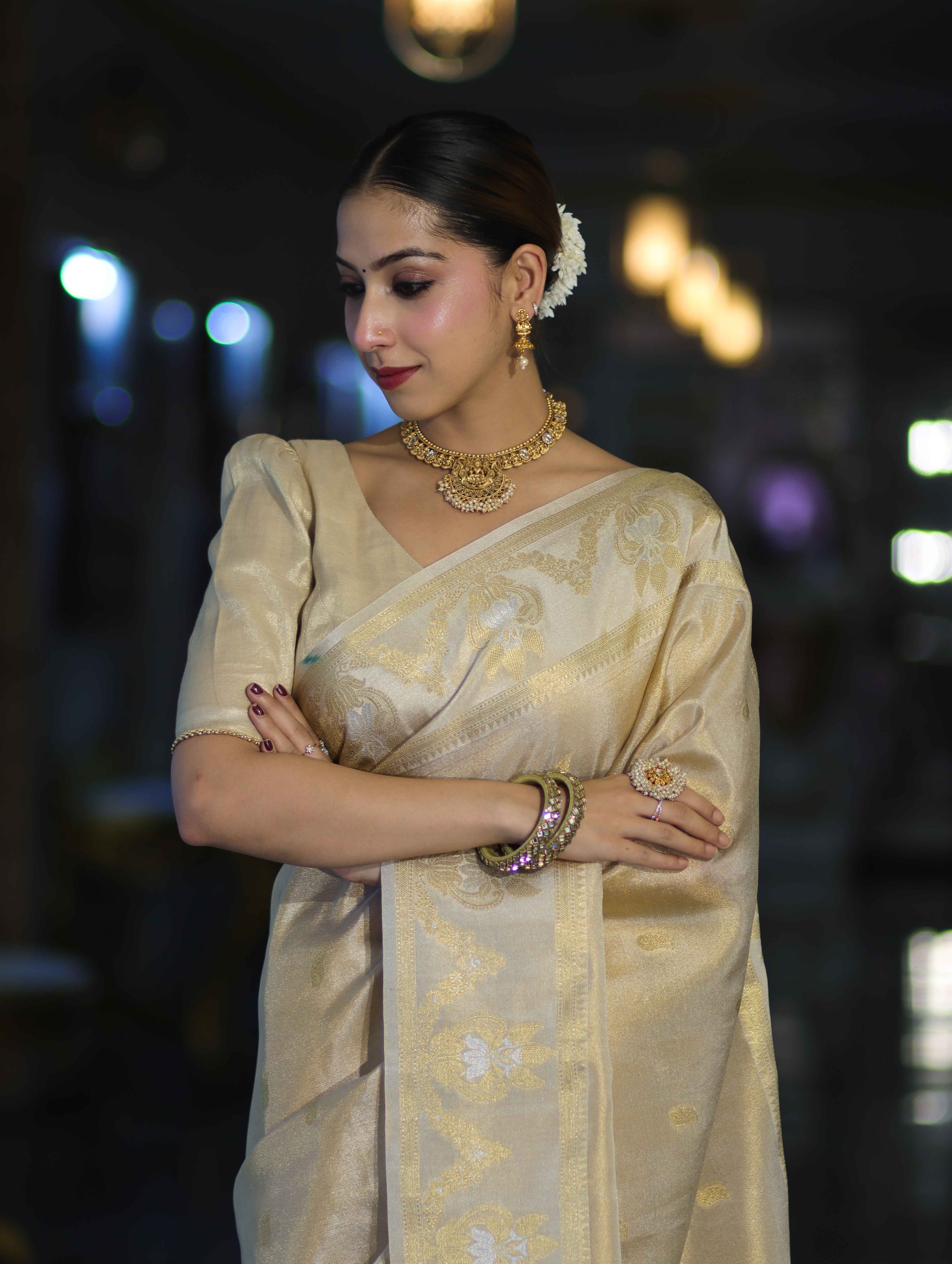 Banarasee Handloom Dual Tone Shimmer Silk Saree With Buti Design & Temple Border-Beige (Gold Tone)