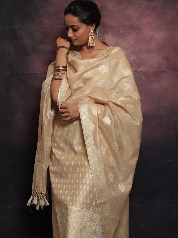 Banarasee Salwar Kameez Cotton Silk Resham & Zari Buti Woven Fabric With Dupatta-Beige
