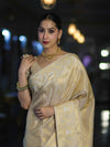 Banarasee Handloom Dual Tone Shimmer Silk Saree With Buti Design & Temple Border-Beige (Gold Tone)