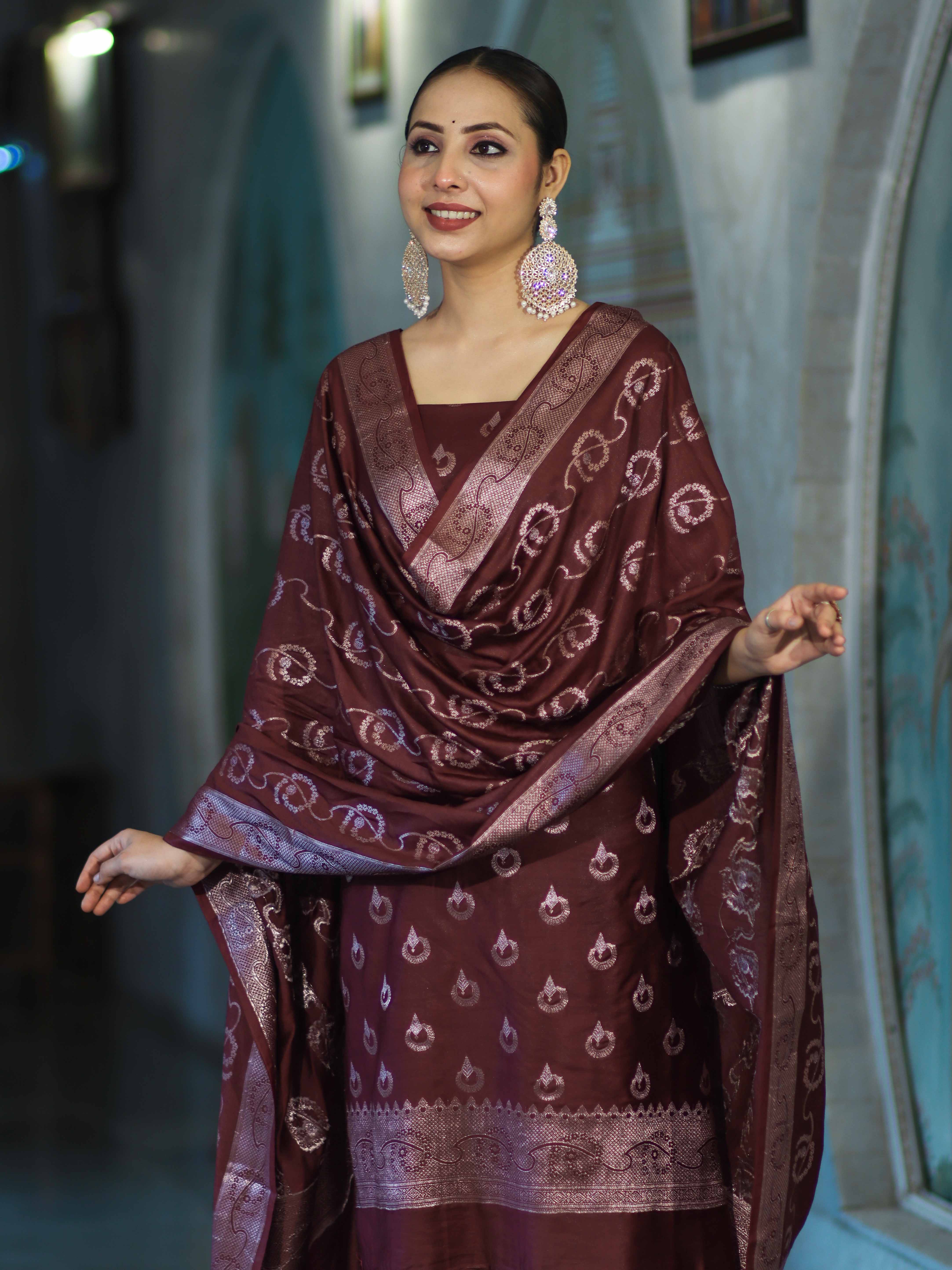 Banarasee Zari Embroidered Chanderi Silk Salwar Kameez With Dupatta Set-Wine