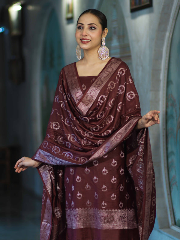 Banarasee Zari Embroidered Chanderi Silk Salwar Kameez With Dupatta Set-Wine