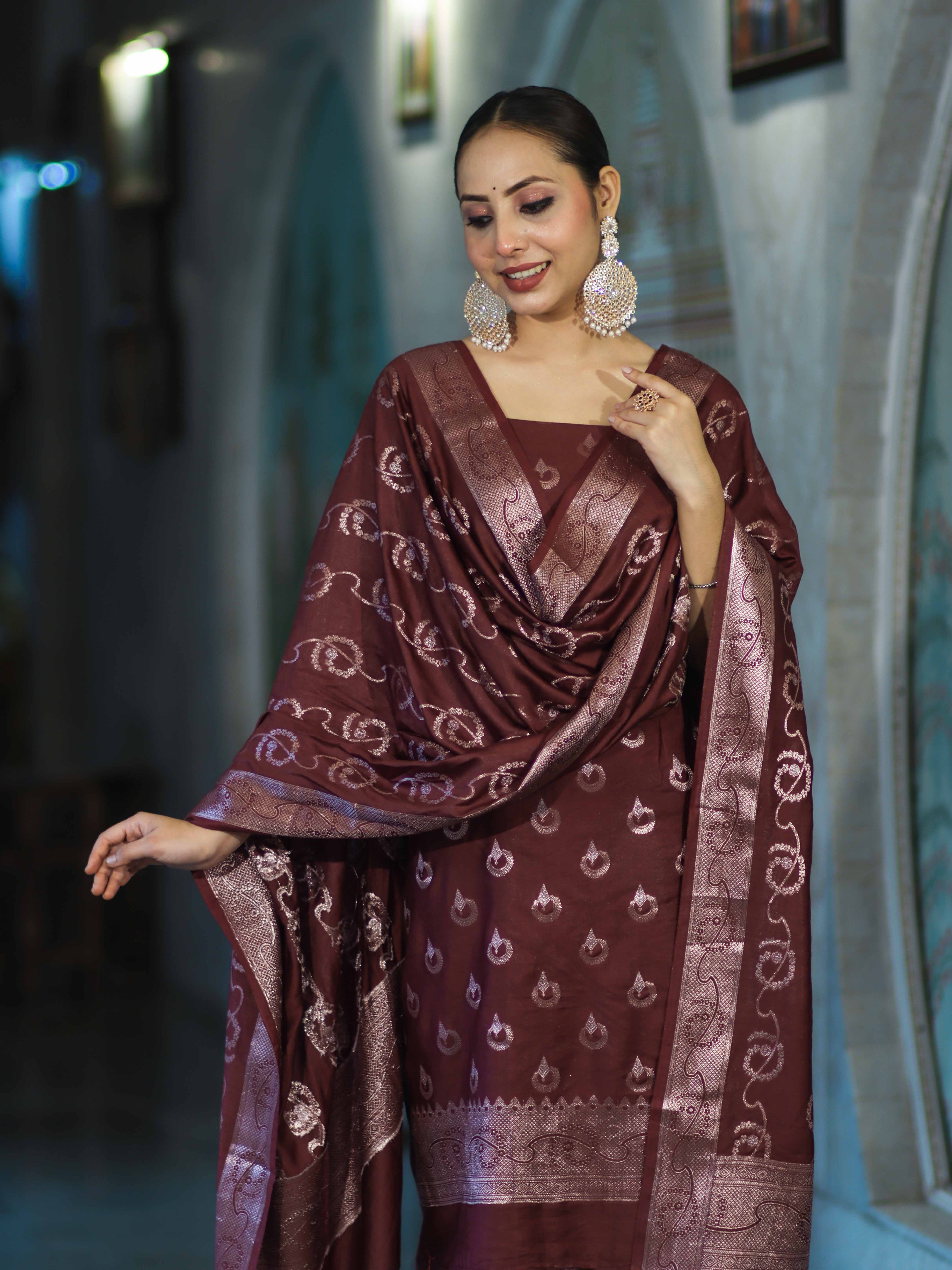 Banarasee Zari Embroidered Chanderi Silk Salwar Kameez With Dupatta Set-Wine