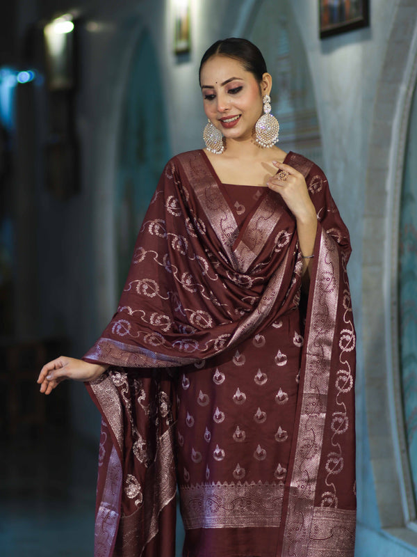 Banarasee Zari Embroidered Chanderi Silk Salwar Kameez With Dupatta Set-Wine