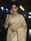Banarasee Handloom Dual Tone Shimmer Silk Saree With Buti Design & Temple Border-Beige (Gold Tone)
