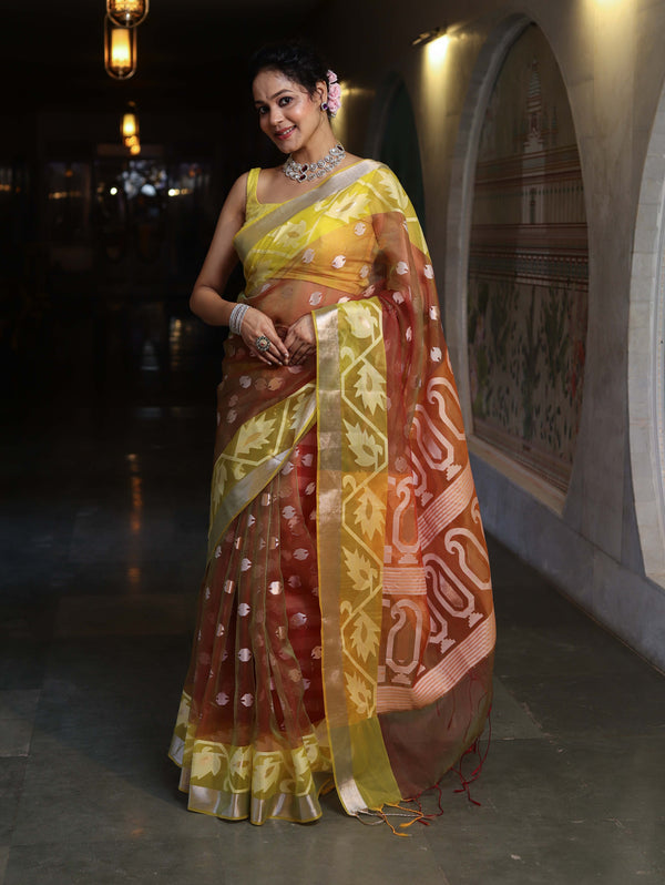 Banarasee Organza Mix Saree With Zari & Resham Work & Contrast Border-Rust & Yellow