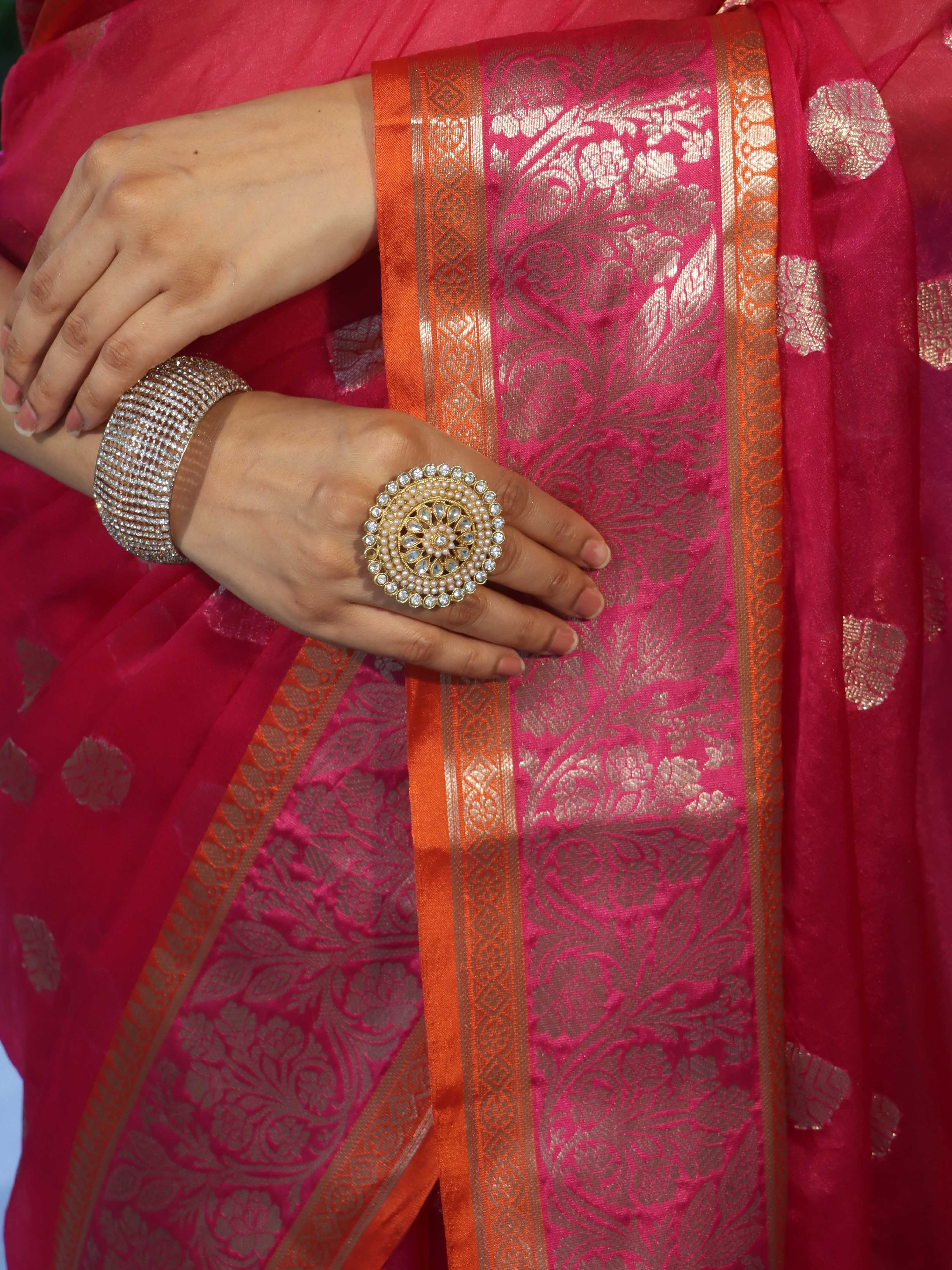 Banarasee Organza Mix Saree With Zari Buta Design & Contrast Border-Pink