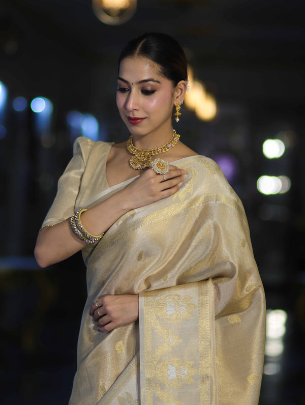 Banarasee Handloom Dual Tone Shimmer Silk Saree With Buti Design & Temple Border-Beige (Gold Tone)