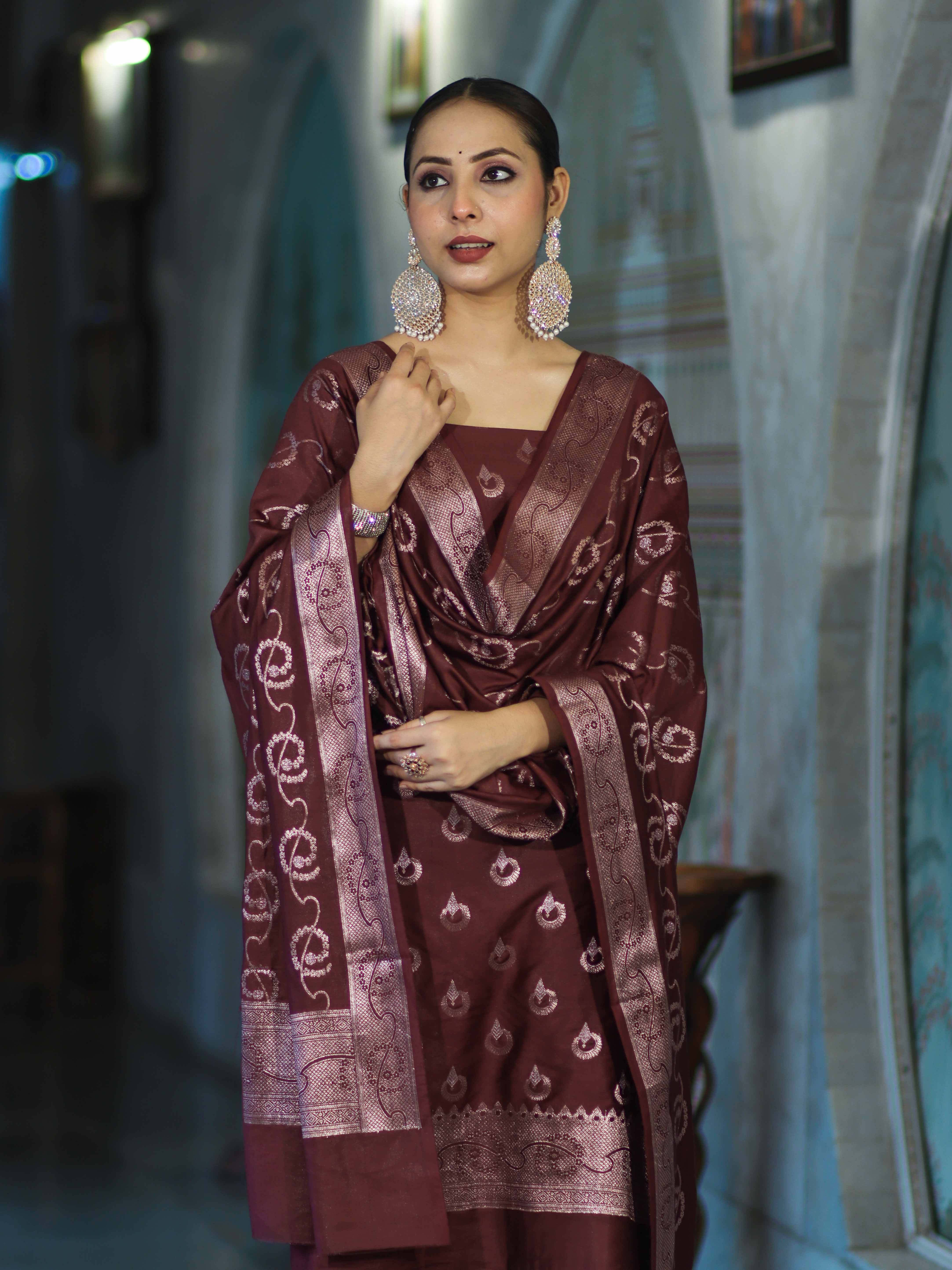 Banarasee Zari Embroidered Chanderi Silk Salwar Kameez With Dupatta Set-Wine