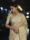 Banarasee Handloom Dual Tone Shimmer Silk Saree With Buti Design & Temple Border-Beige (Gold Tone)