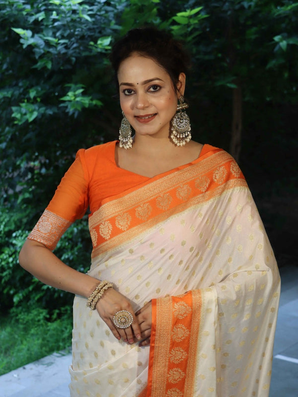 Banarasee Handloom Pure Chiniya Silk Saree With Zari Buti Work & Contrast Border-Cream & Orange