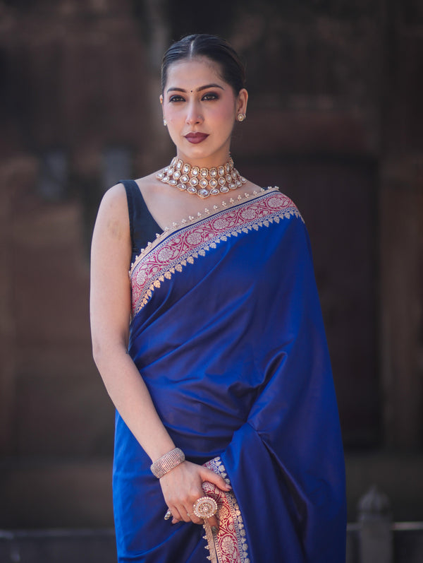 Banarasee Handloom Semi Katan Saree With Contrast Border & Lace-Blue & Black