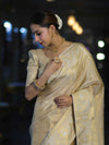 Banarasee Handloom Dual Tone Shimmer Silk Saree With Buti Design & Temple Border-Beige (Gold Tone)