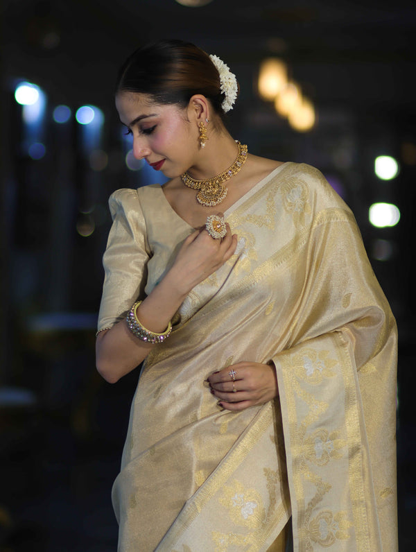 Banarasee Handloom Dual Tone Shimmer Silk Saree With Buti Design & Temple Border-Beige (Gold Tone)