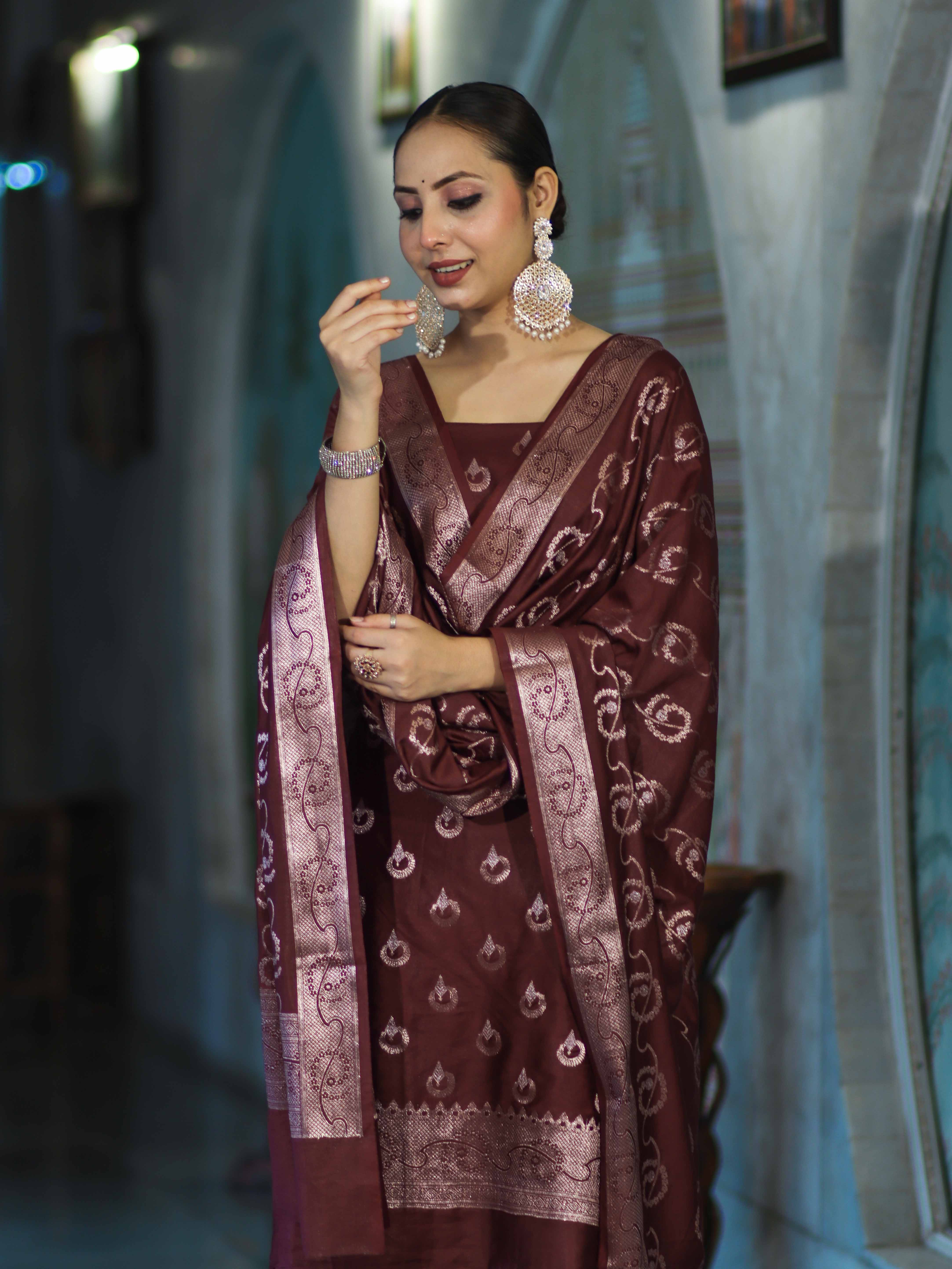 Banarasee Zari Embroidered Chanderi Silk Salwar Kameez With Dupatta Set-Wine