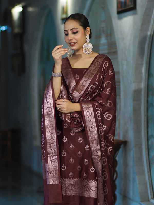 Banarasee Zari Embroidered Chanderi Silk Salwar Kameez With Dupatta Set-Wine