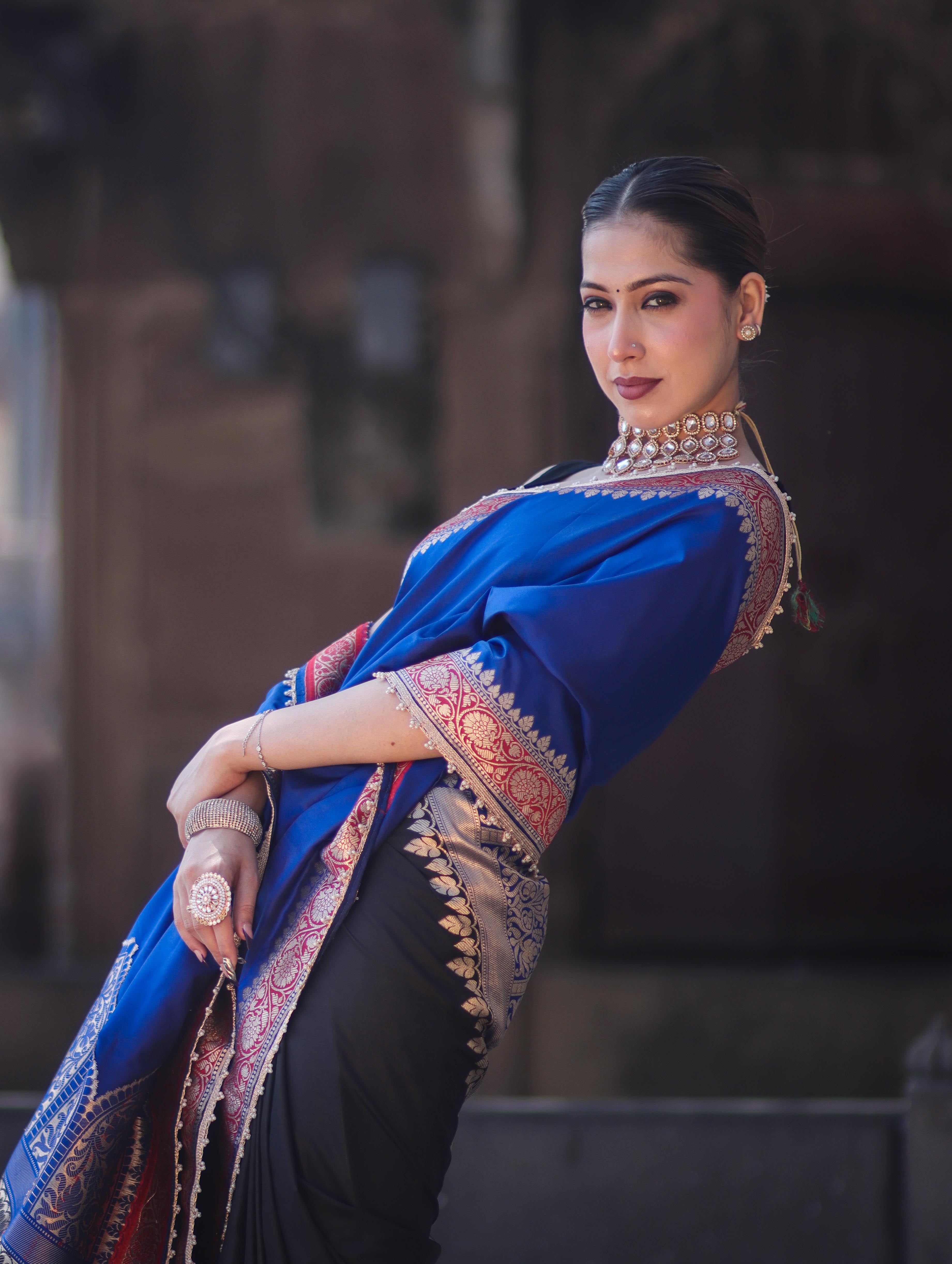 Banarasee Handloom Semi Katan Saree With Contrast Border & Lace-Blue & Black