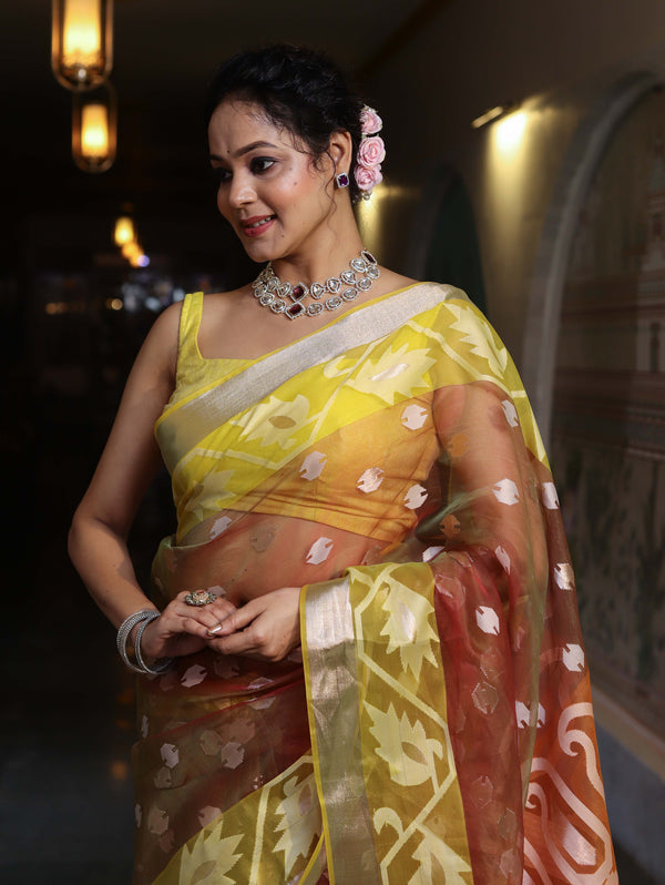 Banarasee Organza Mix Saree With Zari & Resham Work & Contrast Border-Rust & Yellow