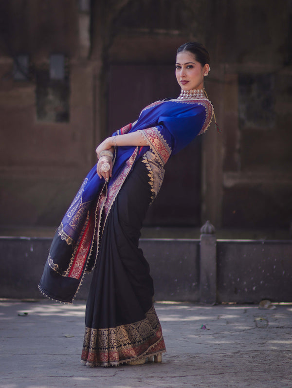 Banarasee Handloom Semi Katan Saree With Contrast Border & Lace-Blue & Black