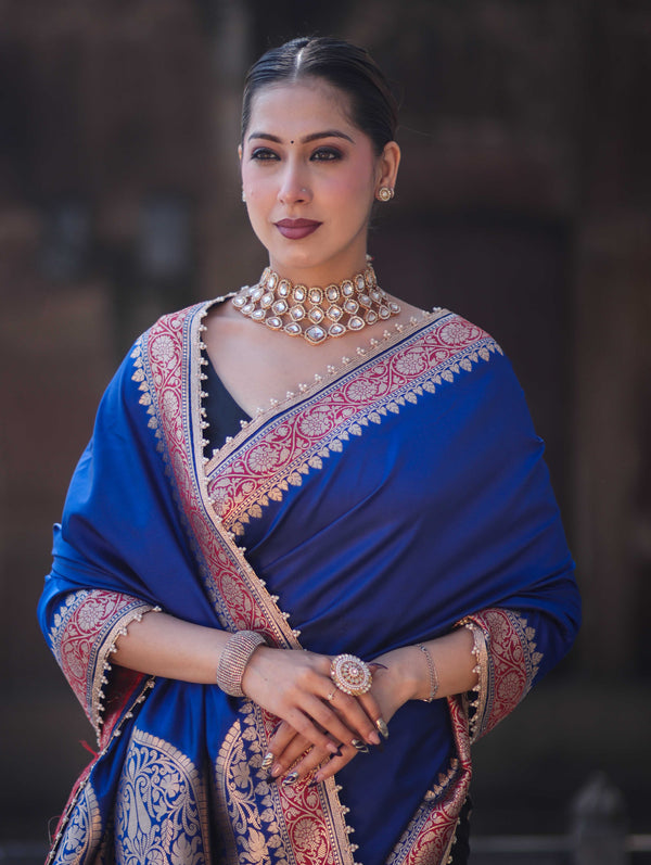 Banarasee Handloom Semi Katan Saree With Contrast Border & Lace-Blue & Black
