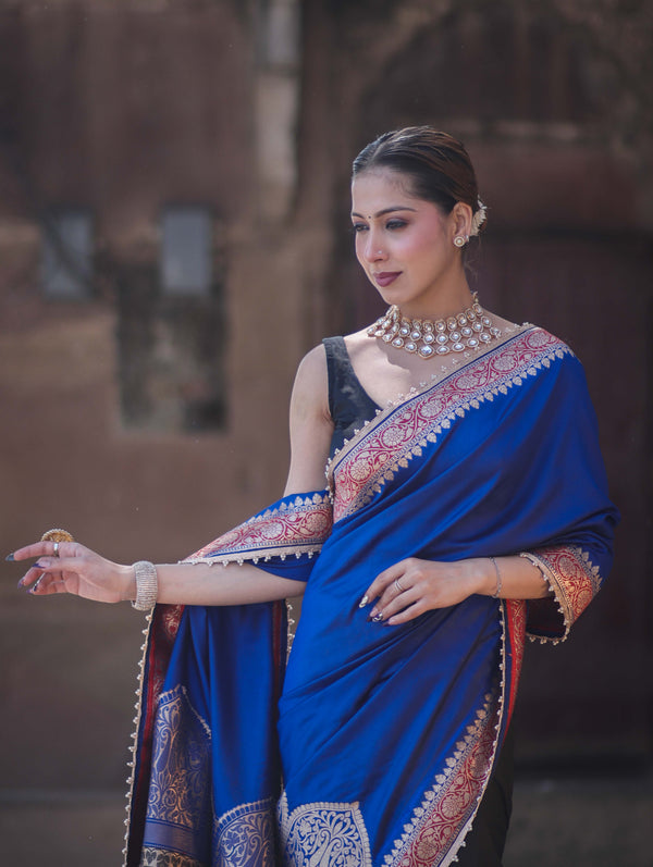 Banarasee Handloom Semi Katan Saree With Contrast Border & Lace-Blue & Black