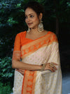 Banarasee Handloom Pure Chiniya Silk Saree With Zari Buti Work & Contrast Border-Cream & Orange