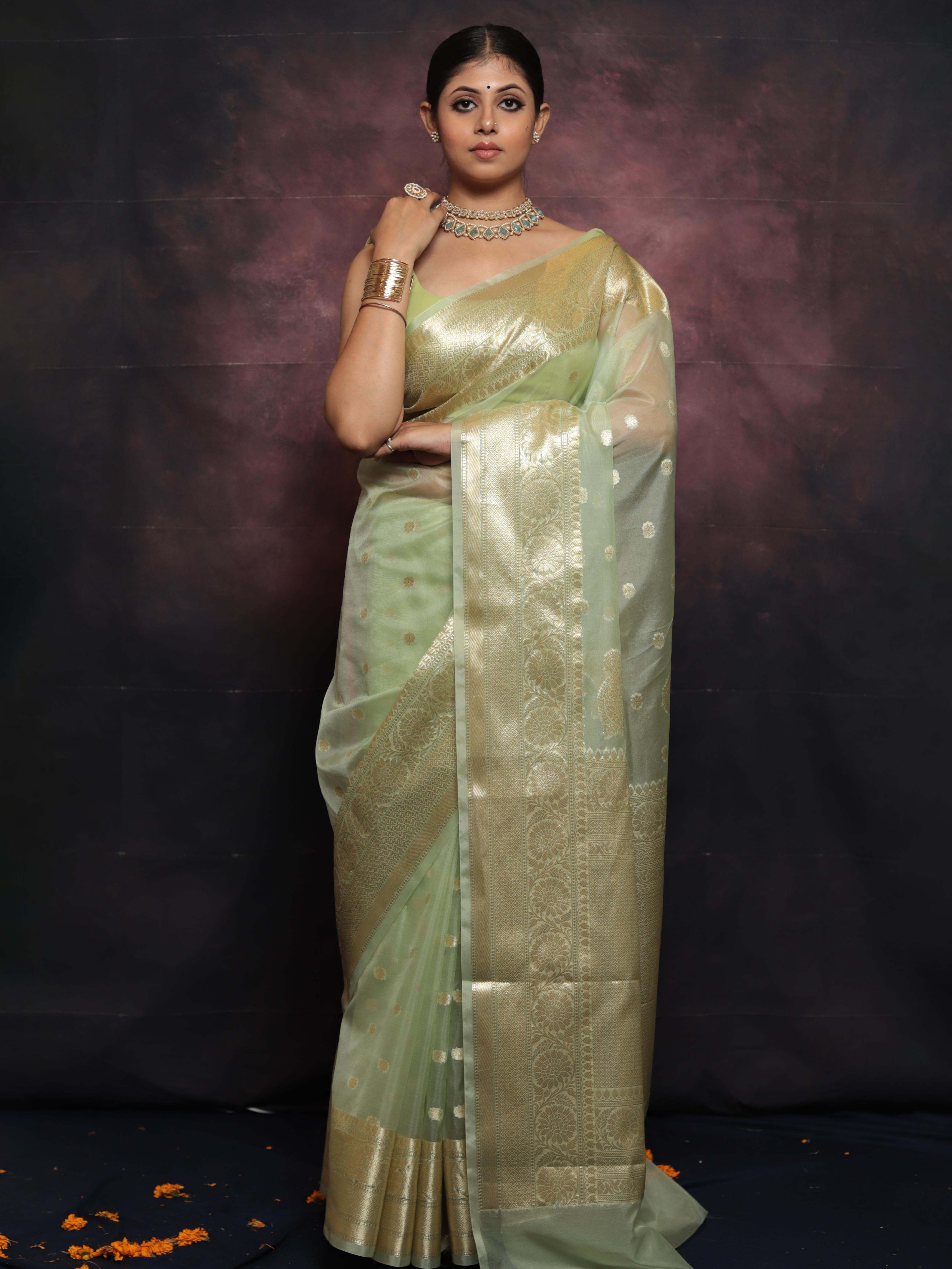 Banarasee Organza Mix Saree With Zari Buti & Border-Light Green