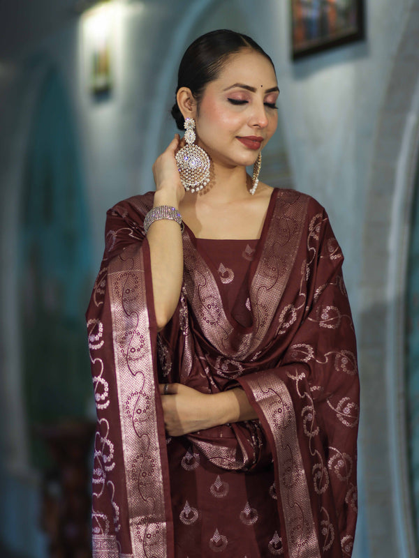 Banarasee Zari Embroidered Chanderi Silk Salwar Kameez With Dupatta Set-Wine