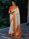 Banarasee Handloom Pure Chiniya Silk Saree With Zari Buti Work & Contrast Border-Cream & Orange