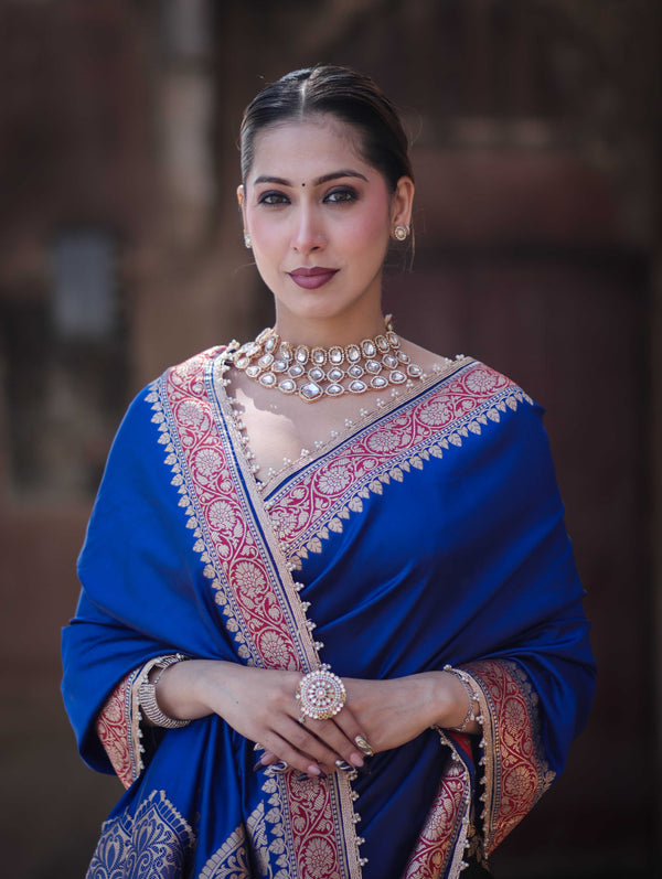 Banarasee Handloom Semi Katan Saree With Contrast Border & Lace-Blue & Black