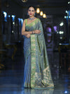 Banarasee Handloom Dual Tone Semi Silk Saree With Zari Buti Design & Border-Moss Green (Blue tone)