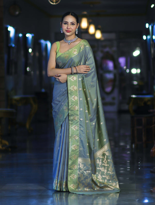 Banarasee Handloom Dual Tone Semi Silk Saree With Zari Buti Design & Border-Moss Green (Blue tone)
